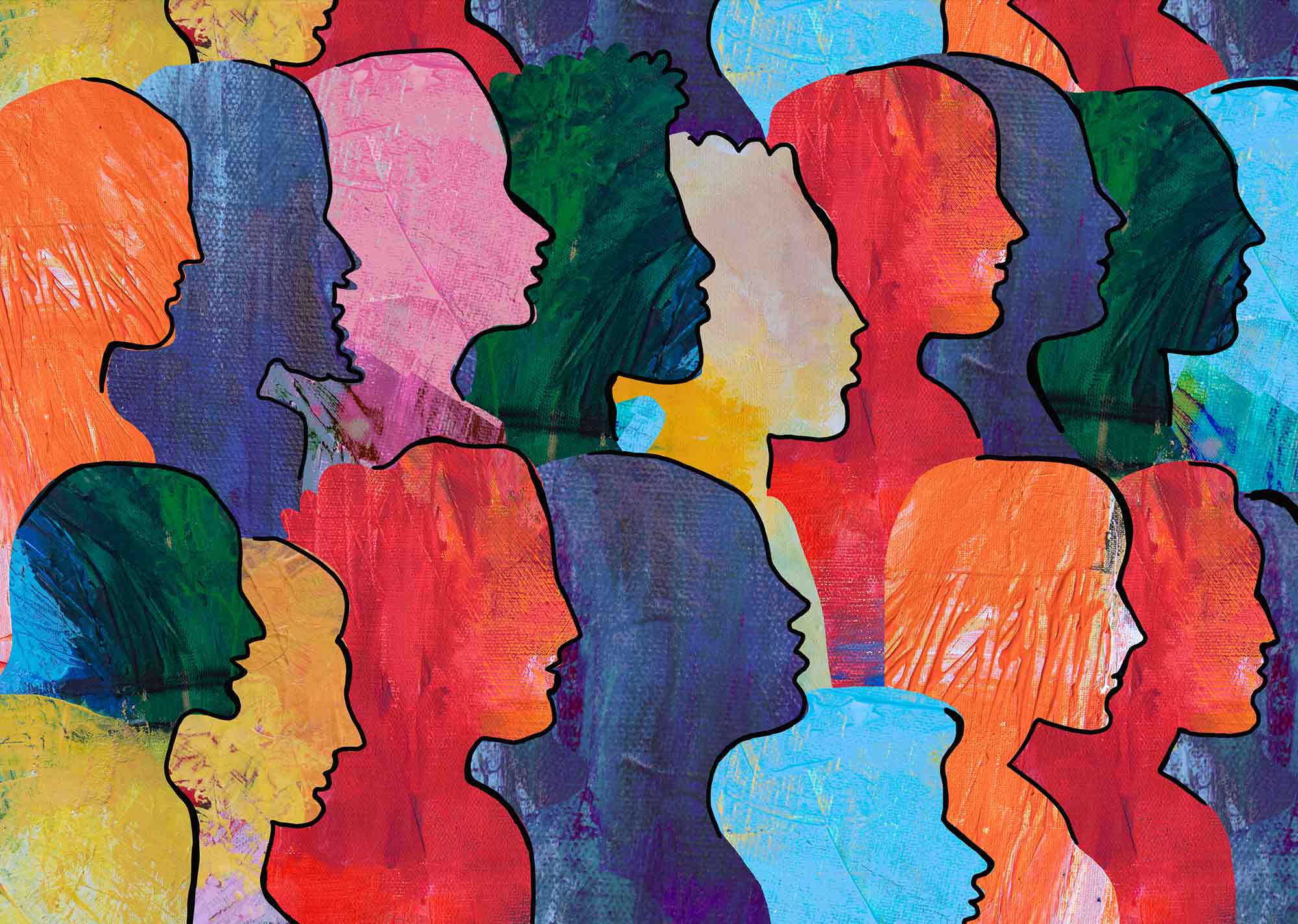 Colourful overlapping silhouettes representing diversity, equity and inclusion.